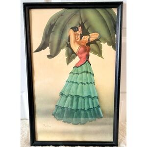 Antique 40s TELO Hawaiian Dancer Pinup Lithograph Framed 11x17”